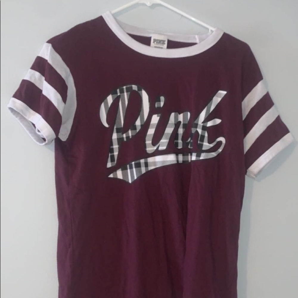 PINK maroon and white t-shirt with plaid logo